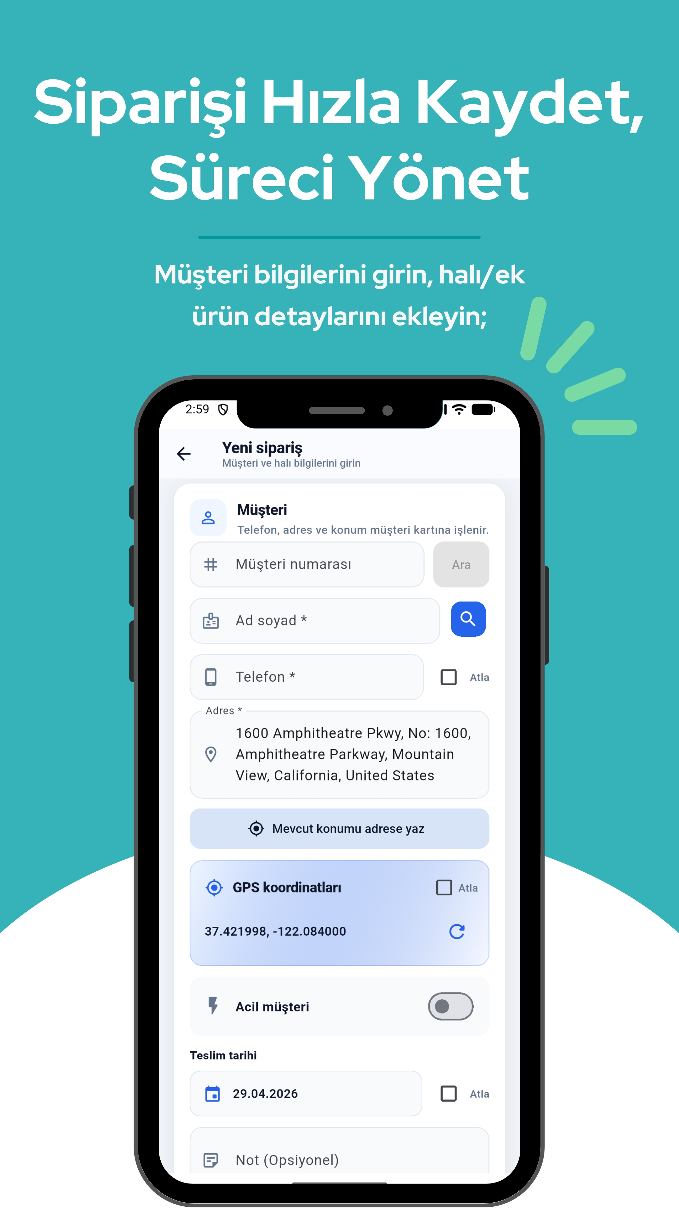 Yeni sipariş oluşturma ekranı