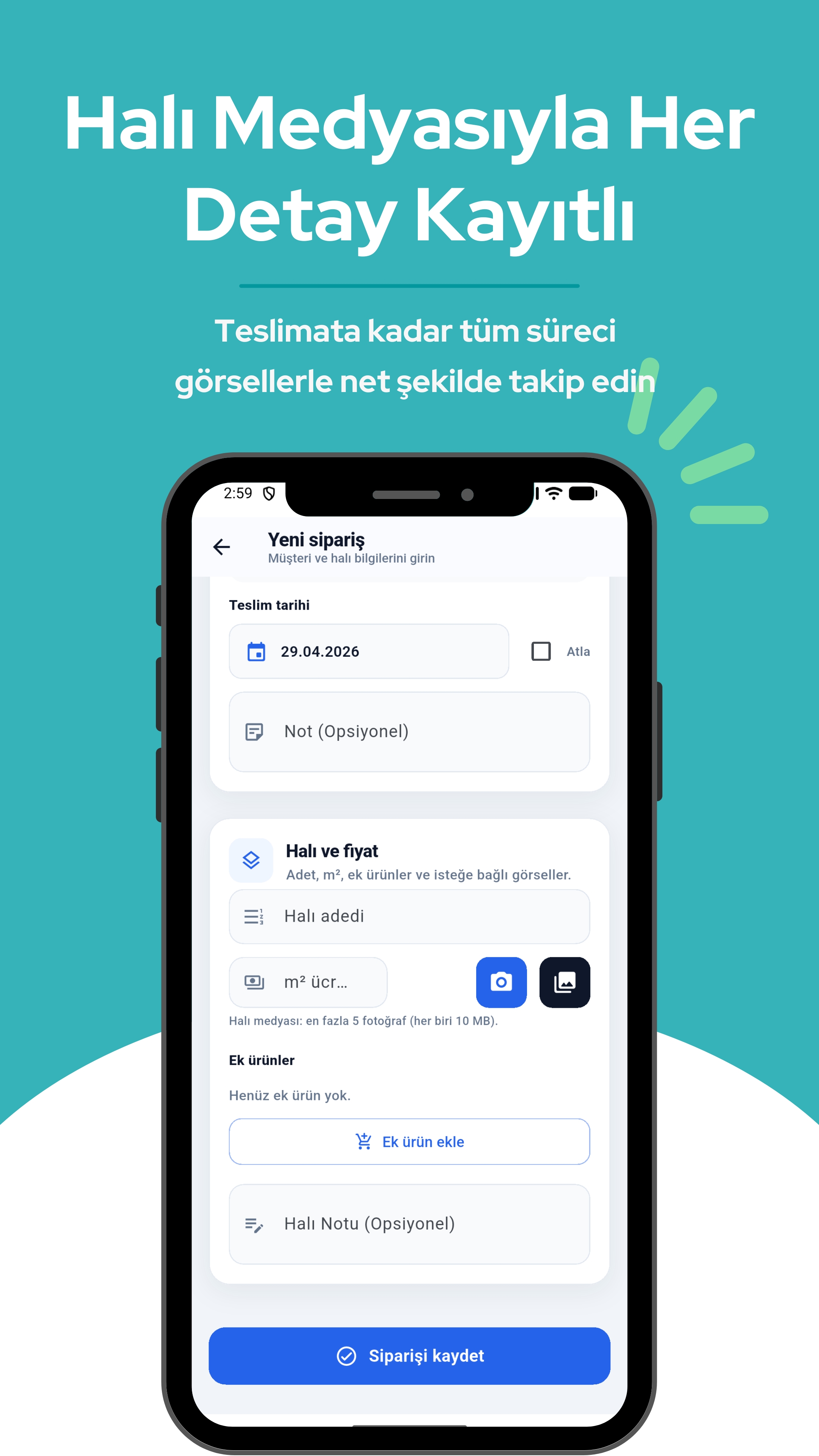 Halı fotoğrafı ve sipariş kaydetme