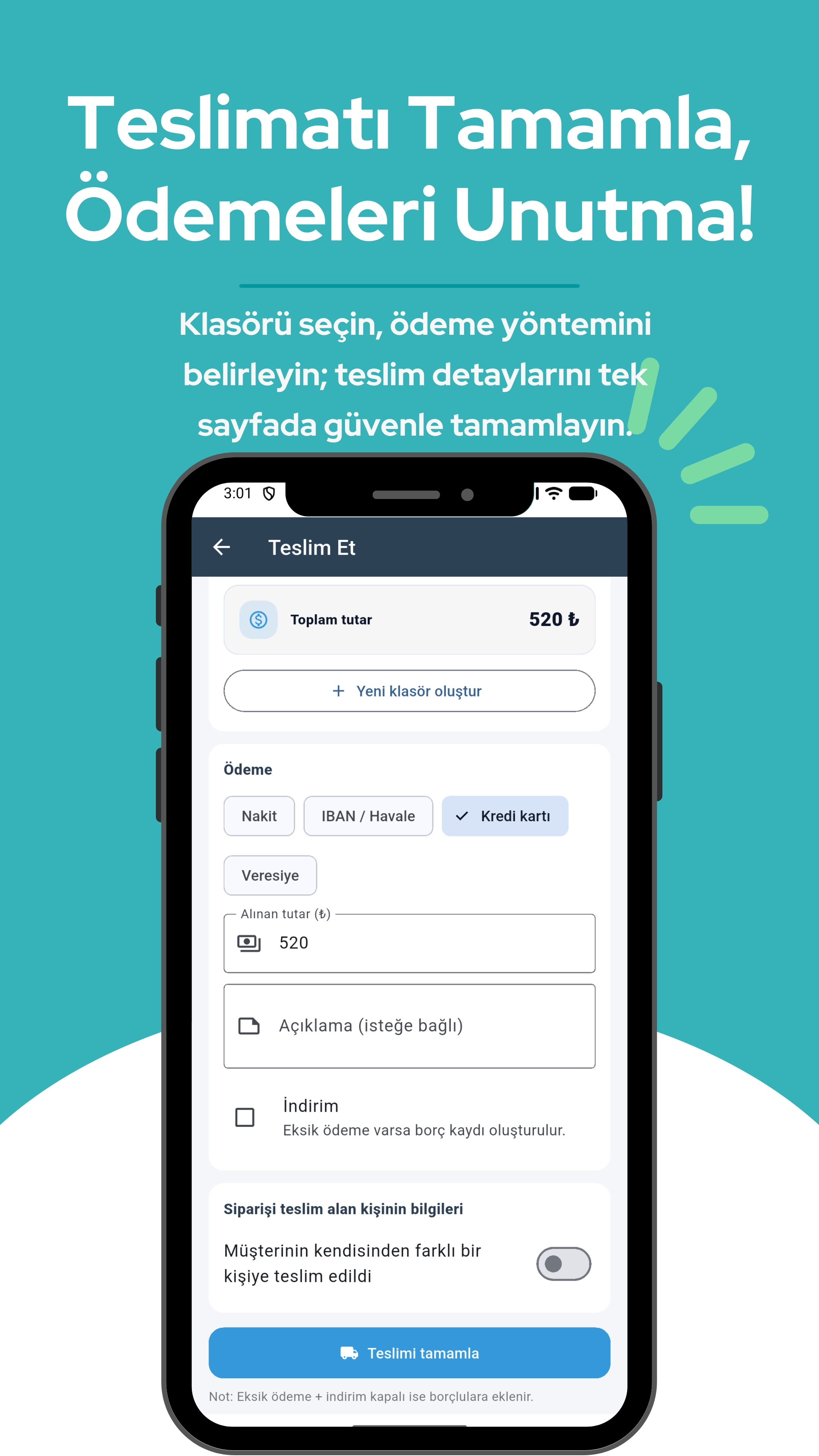 Teslimat ve ödeme tamamlama ekranı